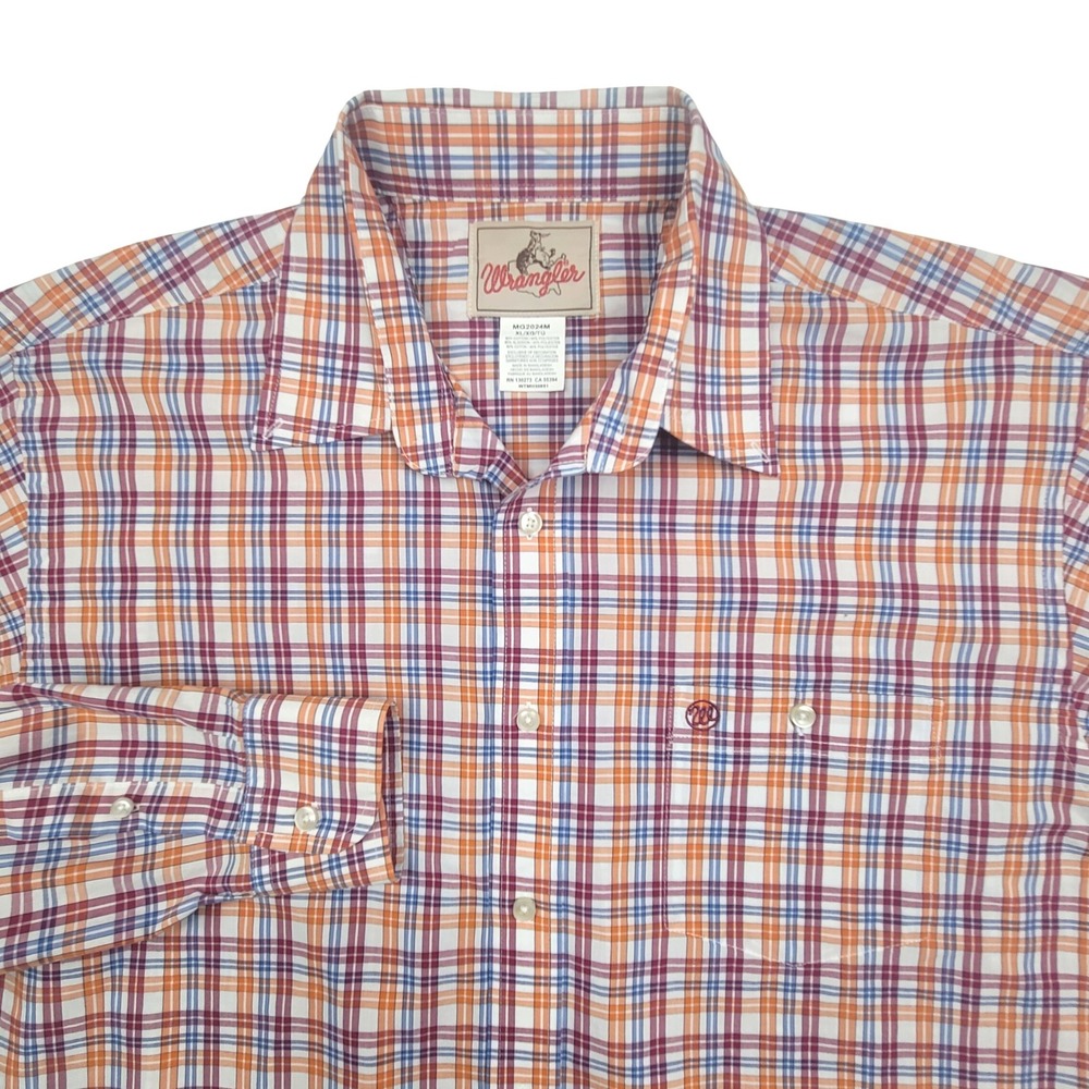 Wrangler Mens Western Plaid Long Sleeve Button Down Shirt‎ XL Orange Blue Red